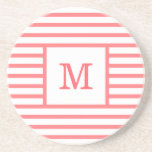 Red and White Stripes Custom Monogram Sandstone Coaster<br><div class="desc">Get a cute girly simple modern coral red and white stripped coaster with your custom monogram name or initials,  to your cozy home or office! Made with sandstone. Customize it with your favorite font and color to make it your one and only happy coaster!</div>