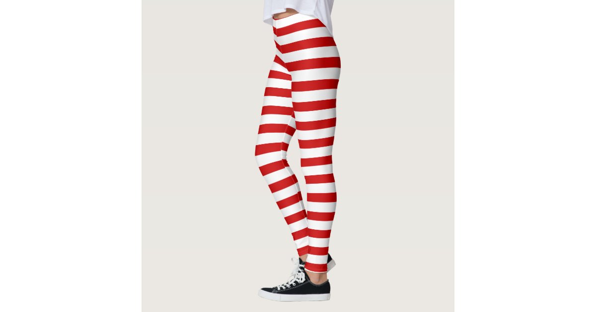 Red and White Stripes Cute Christmas Elf Holiday Leggings | Zazzle