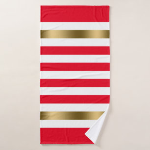 Red and White Stripes Gold Accents, Monogram Bath Towel Set