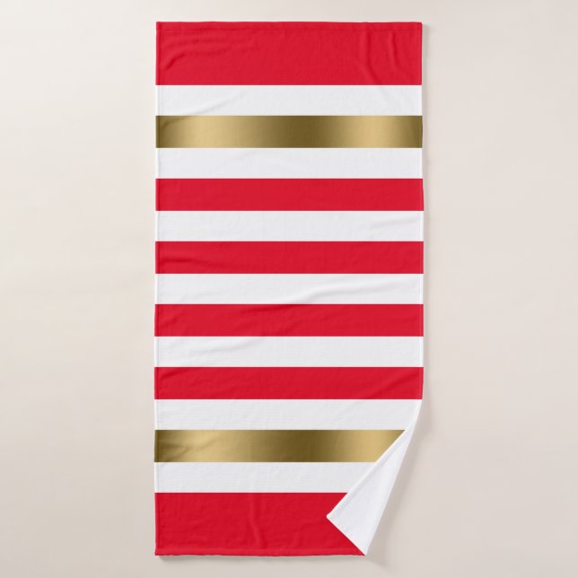 Red and White Stripes Gold Accents, Monogram Bath Towel Set (Bath Towel)