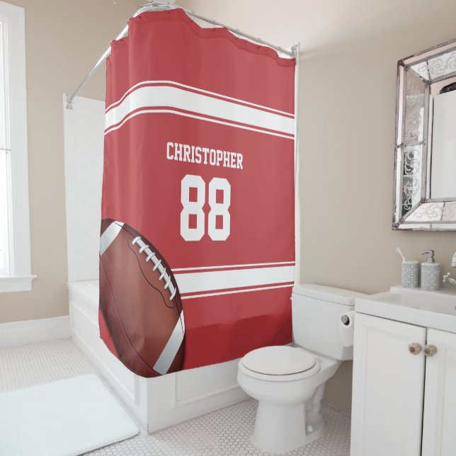 Red and White Stripes Jersey Football Shower Curtain (In Situ)