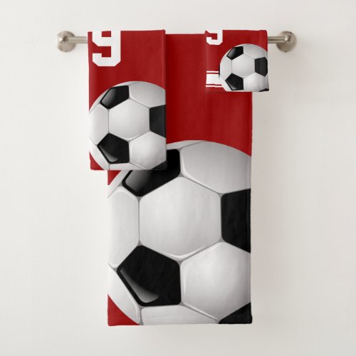 Red and White Stripes Jersey Soccer Ball Bath Towel Set