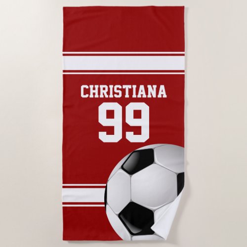 Red and White Stripes Jersey Soccer Ball Beach Towel