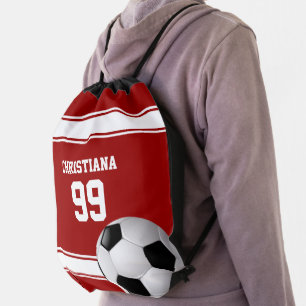 Red and White Stripes Jersey Soccer Ball Drawstring Bag