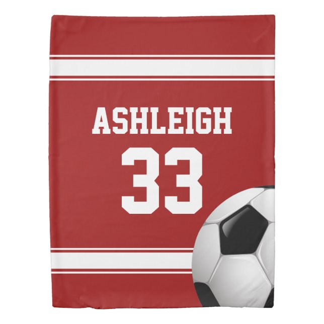 Red and White Stripes Jersey Soccer Ball Duvet Cover (Front)