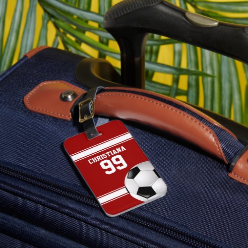 Red and White Stripes Jersey Soccer Ball Luggage Tag