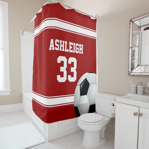 Red and White Stripes Jersey Soccer Ball Shower Curtain