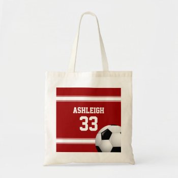 Red And White Stripes Jersey Soccer Ball Tote Bag by giftsbonanza at Zazzle