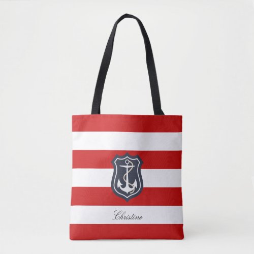 Red and White Stripes Nautical with Your Name Tote Bag