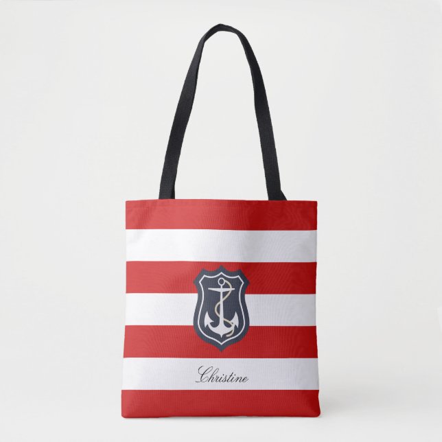 Red and White Stripes Nautical with Your Name Tote Bag (Front)