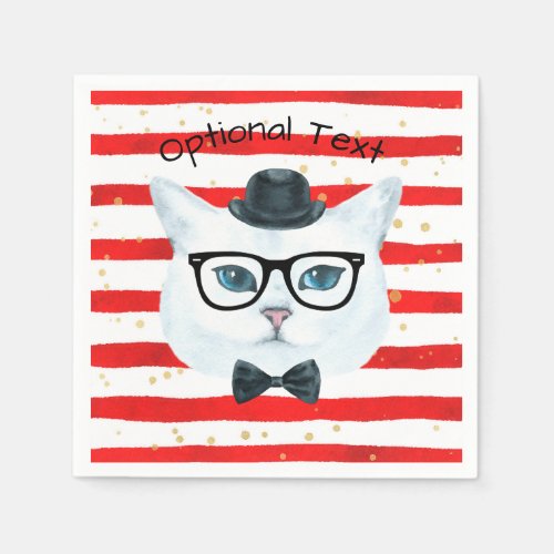 Red and White Stripes Nerdy Cat Paper Napkins