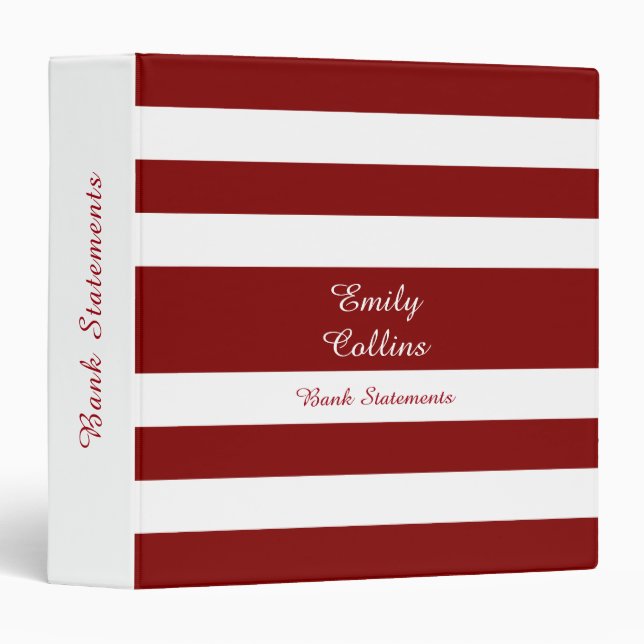 Red And White Stripes Pattern Name Text 3 Ring Binder (Front/Spine)