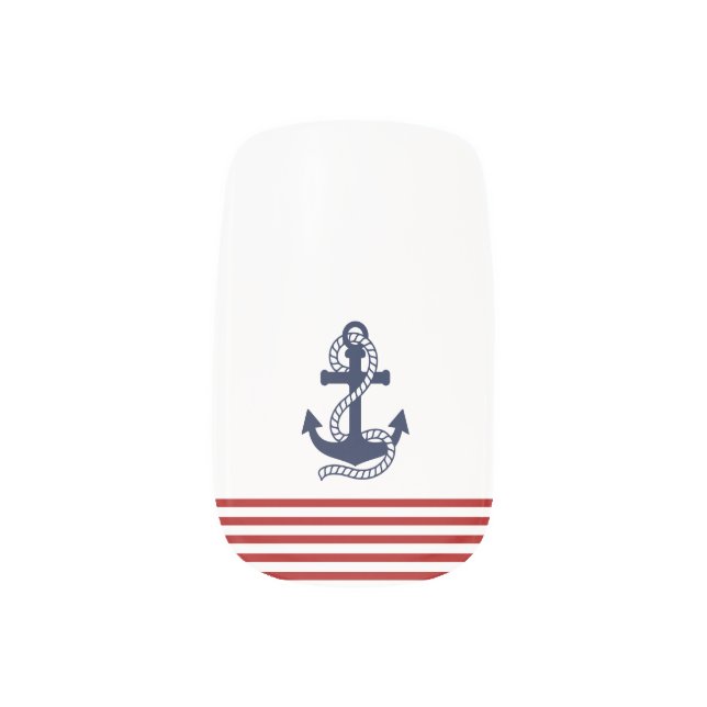 Red and White Stripes Pattern Navy Anchor Minx Nail Wraps (Left Thumb)