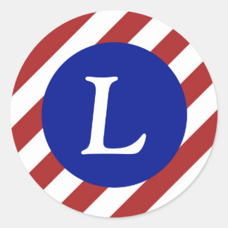Red and White Stripes Pattern + Royal Blue Circle Classic Round Sticker