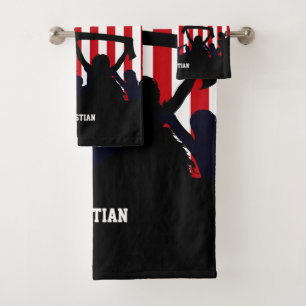 Red and White Stripes Soccer Fans and Football Bath Towel Set