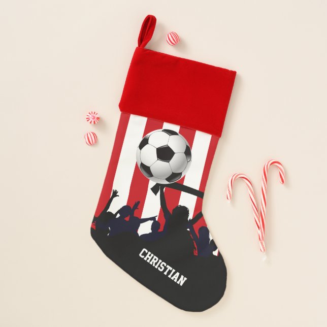 Red and White Stripes Soccer Fans and Football Christmas Stocking (Front)