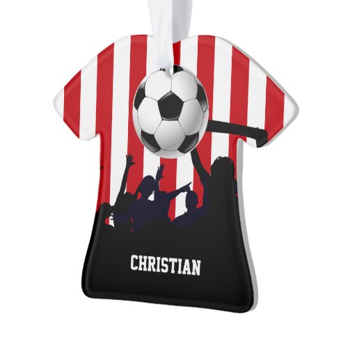 Red and White Stripes Soccer Fans and Football Ornament