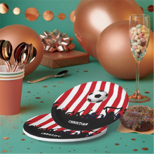 Red and White stripes Soccer Fans and football Paper Plates