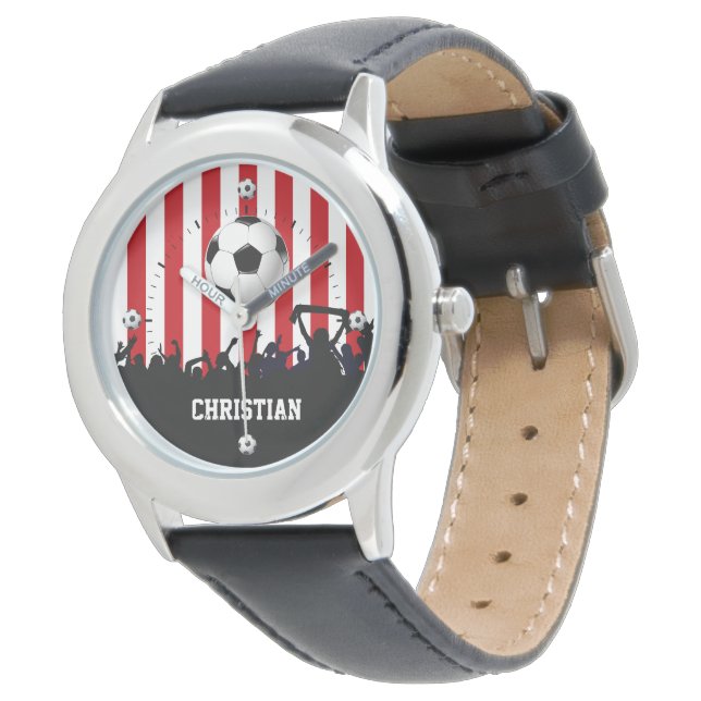 Red and White stripes Soccer Fans and football Watch (Angled)