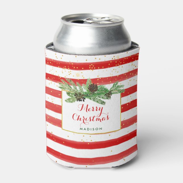 Red and White Stripes with Gold and Pine Cones Can Cooler (Can Front)