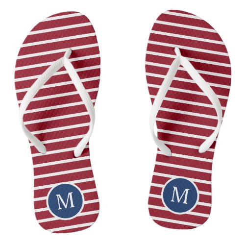 Red and White Stripes With Navy Blue Monogram Flip Flops