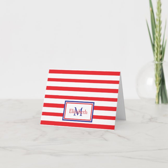 Red and White Stripes With Navy Blue Monogram Note Card (Front)