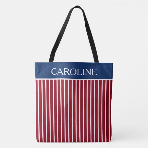 Red and White Stripes With Navy Blue Personalized Tote Bag