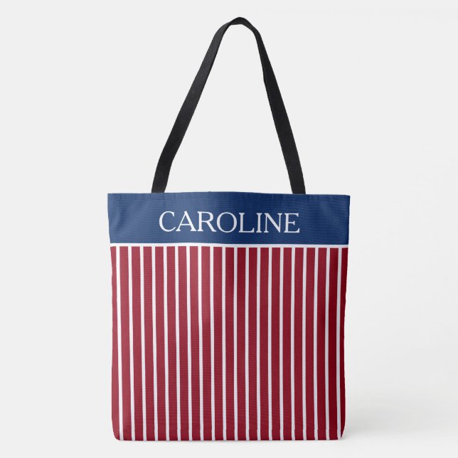 Red and White Stripes With Navy Blue Personalized Tote Bag (Front)