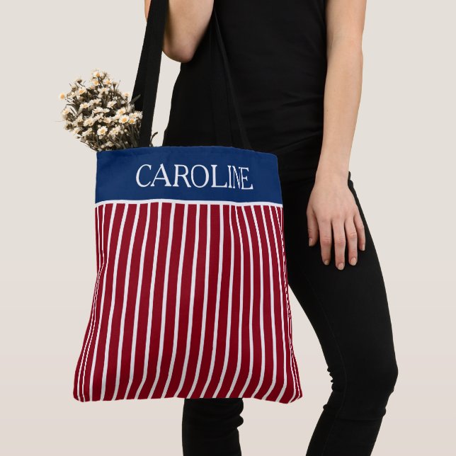 Red and White Stripes With Navy Blue Personalized Tote Bag (Close Up)