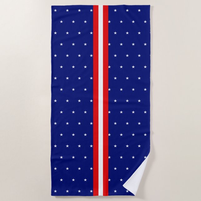 Red and White Stripes with Star Pattern on Blue Beach Towel (Front)