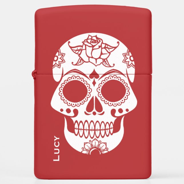 Red and White Sugar Skull Zippo Lighter (Front)