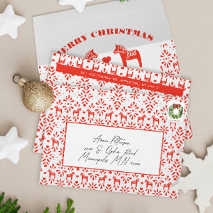Red and White Swedish Dala Horse Holiday Envelope