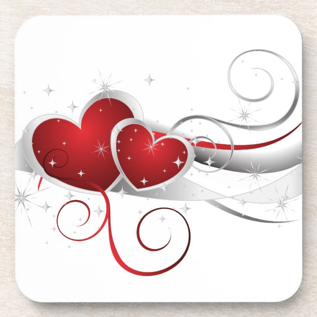 Red and White Swoosh Hearts Drink Coaster (Front)