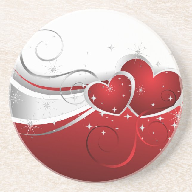 Red and White Swoosh Hearts Sandstone Coaster (Front)