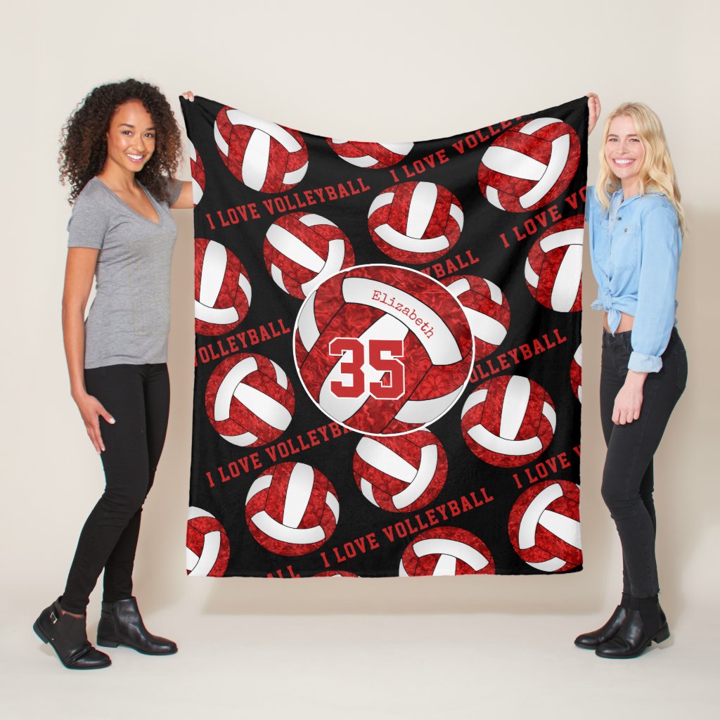 red and white team colors girls I love volleyball fleece blanket