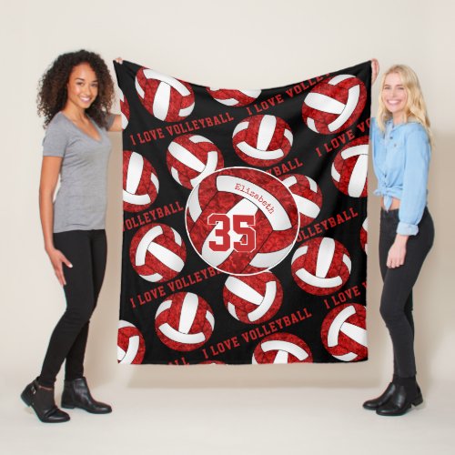 red and white team colors girls I love volleyball Fleece Blanket