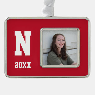 Red and White Team Pride with Photo and Year Christmas Ornament