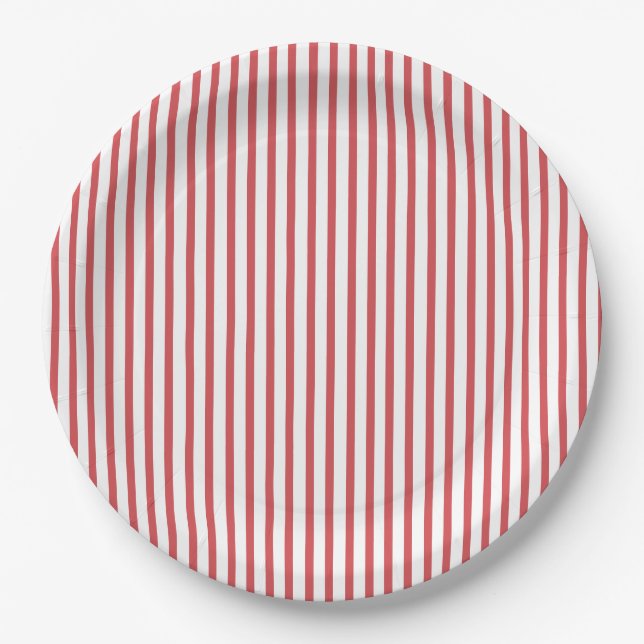 Red and White Thin Stripe Paper Plates (Front)