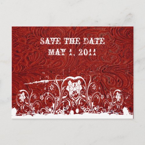 Red and White Tooled Leather Save the Date Announcement Postcard