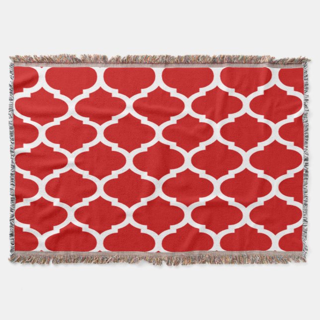 Red and White Trellis Quatrefoil Pattern Throw Blanket (Front)