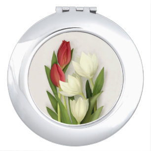 Red and White Tulips Floral Compact Mirror