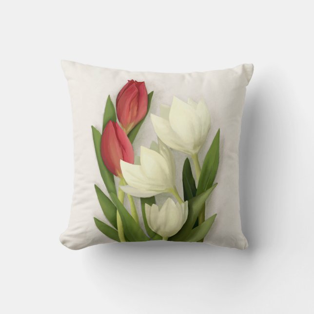 Red and White Tulips Floral Throw Pillow (Front)