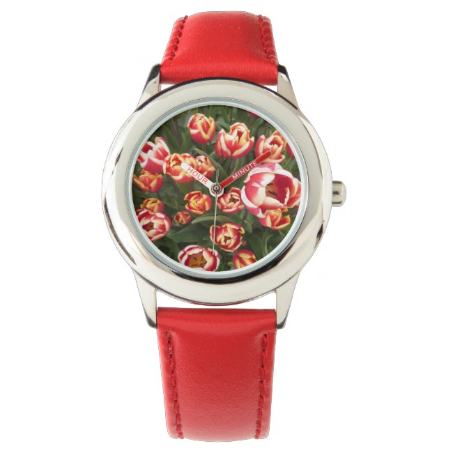Red and White Tulips Stainless Steel Red Watch