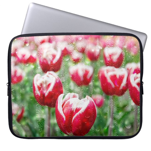 Red and White Tulips With Raindrops Laptop Sleeve (Front)