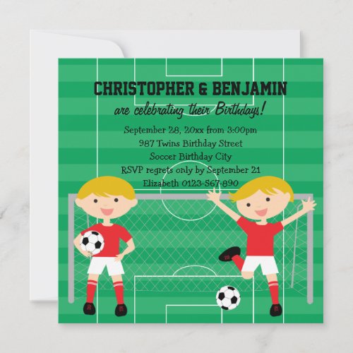 Red and White Twin Boys Soccer v2 Birthday Party Invitation