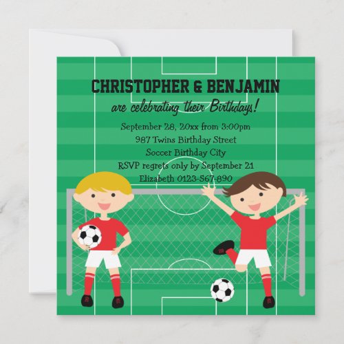 Red and White Twin Boys Soccer v2 Birthday Party Invitation