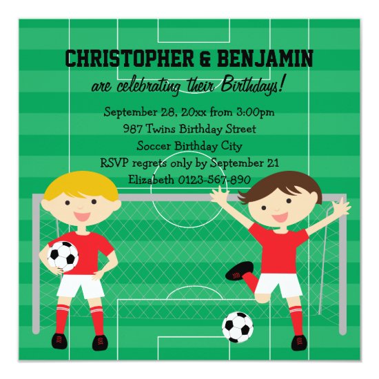 Red and White Twin Boys Soccer v2 Birthday Party Invitation