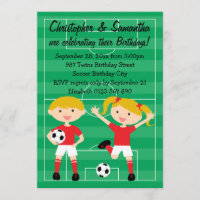 Red and White Twins Soccer Birthday Party Invitation