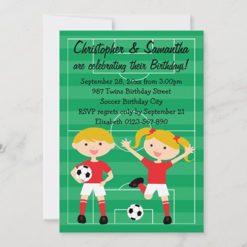 Red and White Twins Soccer Birthday Party Invitation