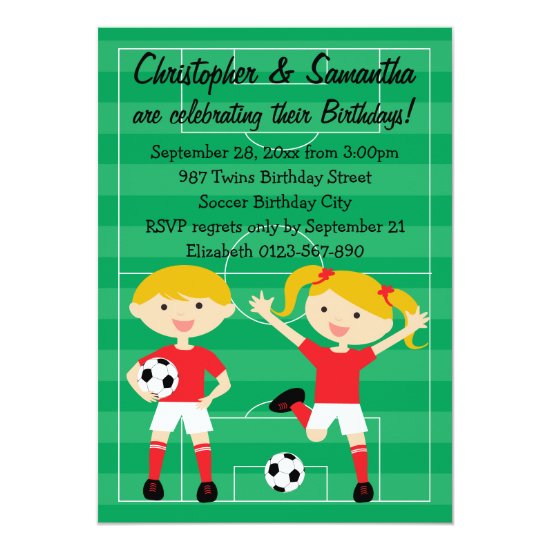 Red and White Twins Soccer Birthday Party Invitation
